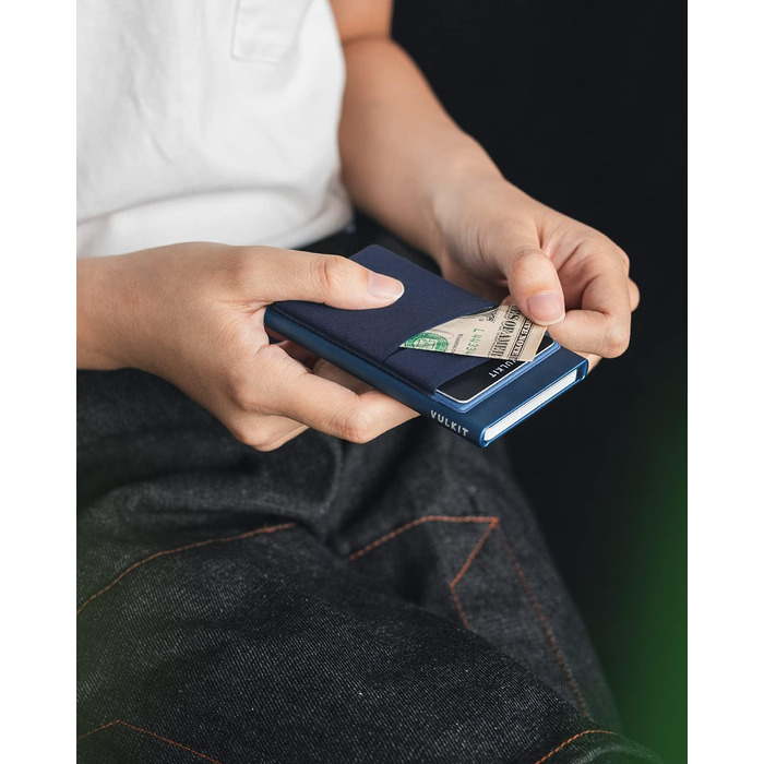 Чоловічий компактний картхолдер VULKIT з RFID/NFC захистом, міні-гаманець для 5-7 карт та купюр (Колір: Темно-синій)
