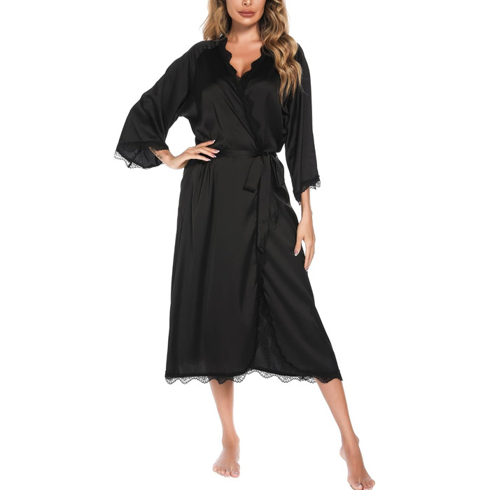 Шовковий халат Aranmei для жінок: довгий, з V-подібним вирізом, 3/4 рукава, нічний халат, халат для сну, кімоно, чорний, з мереживом
