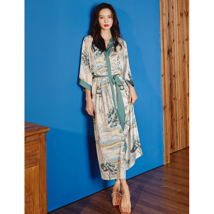 Жіночий халат з довгим рукавом з шовку, сатин, кімоно, квітковий принт, універсальний розмір