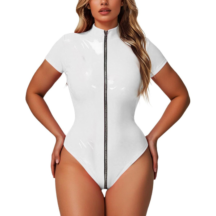 Блискучі панчохи з відкритим кроком для жінок, білі, з застібкою-блискавкою (M)