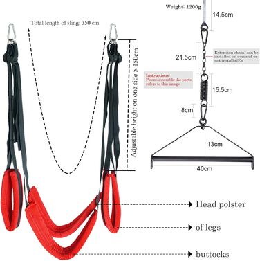 Любовне крісло-гойдалка BDSM Deluxe для дорослих, червоне: комплект з кріпленням до стелі, 4 широкі подушки, 3 пенісні кільця, батог, витримує до 150 кг