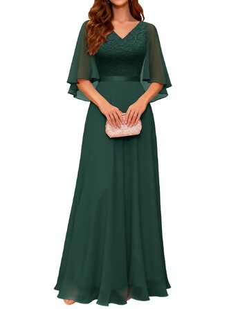 Вечірня сукня DRESSTES для жінок: елегантна maxi-сукня з шифоновими рукавами-кейпом для весіль, коктейльних вечірок та свят (S, темно-зелена)