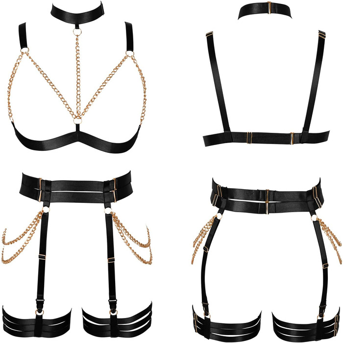 Комплект корсет, бра, стрінги з ремінцями, чорний. Бра-комбінезон, готичний стиль, для танців та Хелловіну