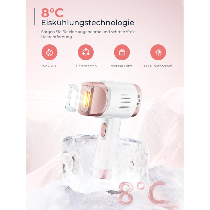 IPL-епілятор для дому з системою охолодження 8°C, лазерна епіляція з 9 рівнями інтенсивності та червоним світлом 600 нм, LCD-дисплей, для жінок та чоловіків (обличчя, тіло, бікіні), колір Rose