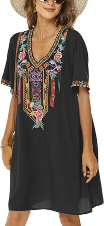 Літня сукня Boho в мексиканському стилі з квітковою вишивкою, чорна, розмір L