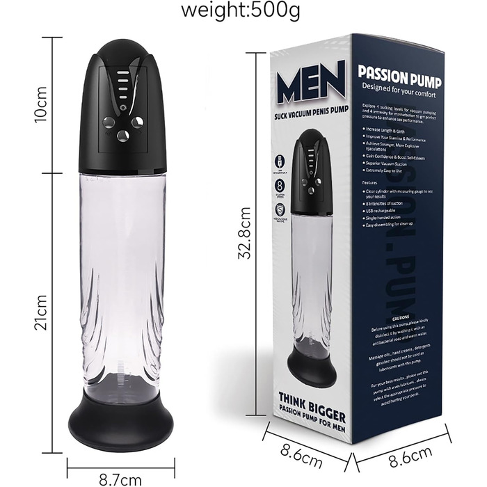 Електрична пеніс-насос з 4 рівнями інтенсивності та 4 режимами вакууму для збільшення пеніса. Мастурбатор з силіконовими насадками та сумкою