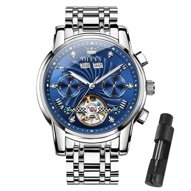 Чоловічий наручний годинник OLEVS Chronograph зі шкіряним ремінцем, японський кварцовий механізм, водонепроникний, класичний елегантний дизайн з датою (7088 Срібло/Синій)