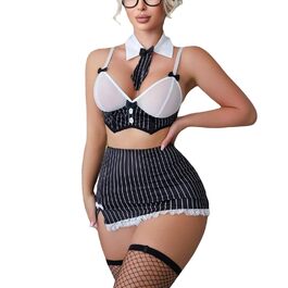 Костюм для косплею «Шкільна дівчинка»: комплект сексуальної білизни з бюстгальтером, смугастим міні-спідничкою та сітчастими панчохами. Костюм секретарки для косплею