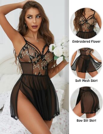Жіноча мереживна піжама-бабідол Aranmei exy Lingerie, мереживний комплект, нічна сорочка, тіло, чорний колір, розмір L