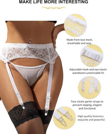 Спідниця-гольф для жінок з мереживом, широка, з 4 кліпсами, сексуальна, великі розміри, прозора білизна, жіночий набір, регульована спідниця-гольф з танго, гальтерний пояс, підтяжки (XL-XXL, 2 шт. - білий гальтер + шкарпетки)