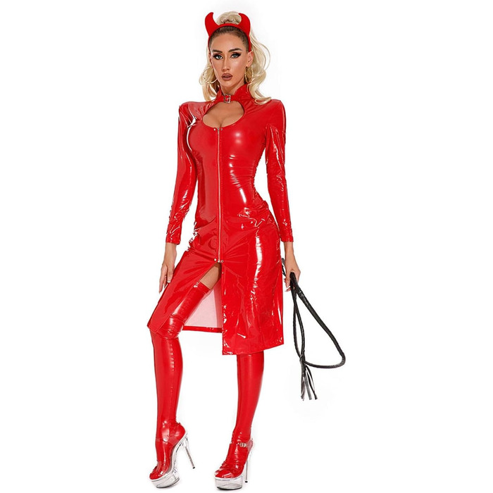 Сукня з латексу для жінок, червона, 3XL. Комплект з 4 частин: сукня, латексні панчохи, аксесуари. Еротичний костюм, мокрі ефекти, довгі рукави, лак та шкіра.