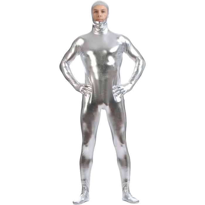 Чоловічий латексний комбінезон Lackleder з довгим рукавом, срібного кольору, розмір S
