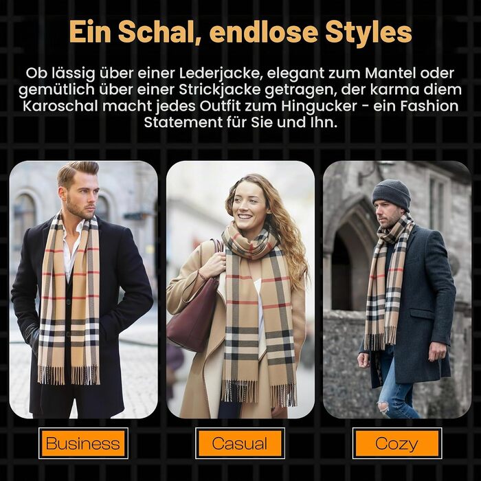 Унісекс шарф у клітинку KARMA.DIEM London Style, м'який зимовий шарф для жінок та чоловіків, пісочно-бежевий, 35x170 см