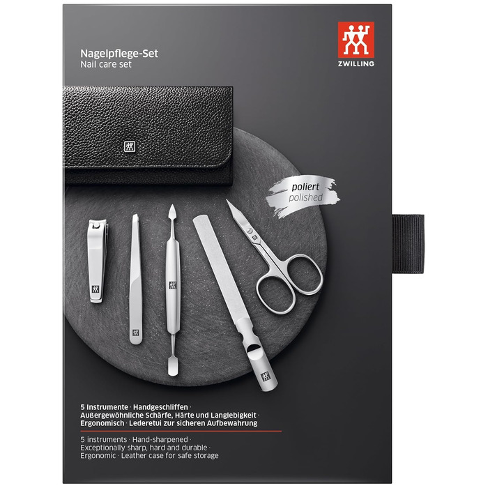 Набір для манікюру та педикюру ZWILLING (5 предметів), дорожній набір із кніпсером для нігтів у шкіряному чохлі, полірована нержавіюча сталь, чорний