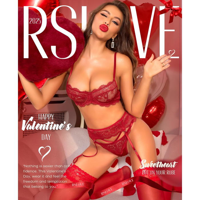 Комплекти спідньої білизни RSLOVE для жінок - сексуальна білизна, комплект бюстгальтера та трусиків, 3 штуки, червоний