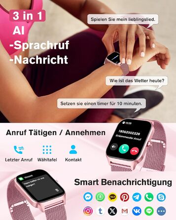 Смарт-годинник KALINCO для чоловіків та жінок з Bluetooth-дзвінками, вимірюванням тиску, пульсу та SpO2, AI фітнес-трекер, 100+ спортивних режимів, аналіз сну, сумісний з iOS та Android, колір: Rose Milano