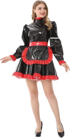 Костюм горничної JOLINE з високим коміром з ПВХ шкіри, чорний, XXL. Костюм для перевдягання, французький стиль