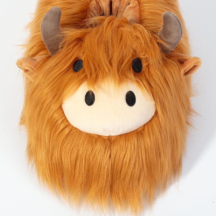 Плюшеві капці Corimori Bessie Highland Cow (шотландська корова) з гнучкою підошвою та гумкою, універсальний розмір (дитячий 25-33.5 та дорослий 34-44)