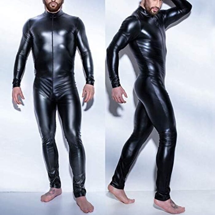 Чорний латексний комбінезон-костюм для чоловіків CoolTing S-5XL з блискавкою та відкритим кроком. Сексуальна спідниця, боді, клубний одяг, спідниця, еротичний костюм, спандекс.