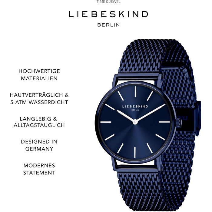 Жіночий наручний годинник Liebeskind Berlin: круглий кварцовий механізм, 34мм, міланський плетивий ремінець, водонепроникність 5ATM, синій