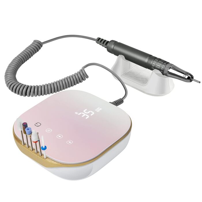 Професійний електричний апарат для манікюру та педикюру Madenia TouchPro, 35000 об/хв, для гель-нігтів та штучних нігтів, з HD-дисплеєм та набором з 6 фрез (Laser Pink)