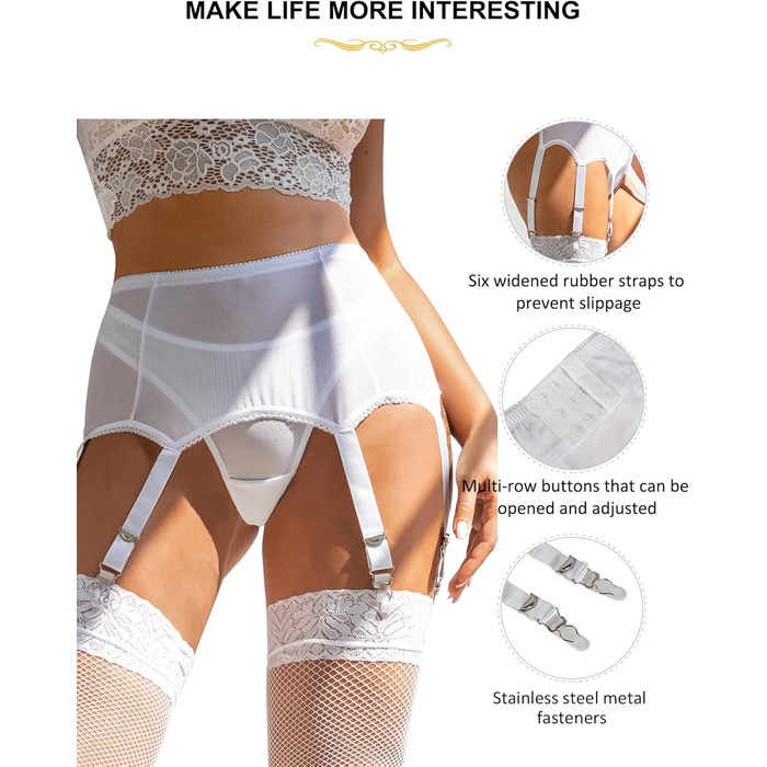Набір стрічок для панчіх Ohyeah з високою талією, мереживо, сітка, ремінці з 6 металевими кліпсами, білий/розкішний сад, XS-S