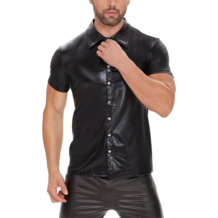 Чоловіча сорочка з лакованої шкіри Xokesy, коротка, чорна, з м'якої шкіри, з ревезом, для клубів, еластична, з кнопками