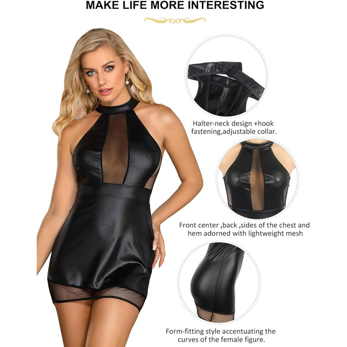 Сукня з еластичної шкіри (штучної) для жінок, міні, на зав'язках, великі розміри, бодікон, для клубу, чорна, L