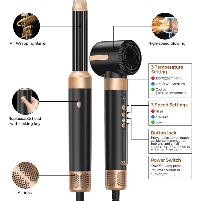 Мультистайлер для волосся 5 в 1 MogaWave Airstyler Pro 1000W: стайлер-фен, плойка для завивки та об'ємна щітка з іонізацією, коричневий