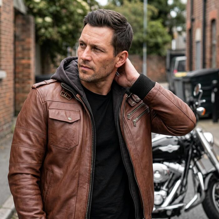 Чоловіча шкіряна куртка Leatherick Premium з натурального ягнячого хутра, з відстібним капюшоном та 7 кишенями, коричнева, розмір XXL