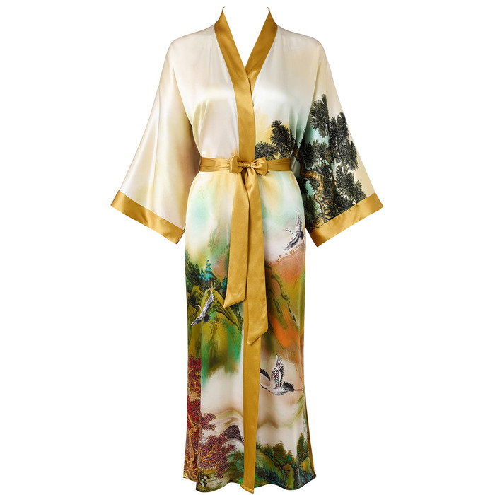 Шовковий халат-кімоно Ledamon для жінок, довгий, 100% шовк, класичний квітковий халат-піжама (універсальний розмір, пейзаж осінь)