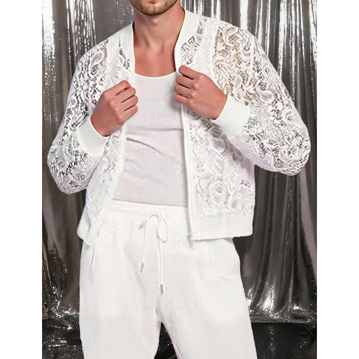 Чоловіча мереживна куртка AIEOE з довгим рукавом, сітка, топ, мереживний блейзер для вечірок, клубів, прозорий топ, мереживний топ для клубу, Fasching, білий