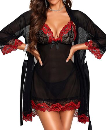 Сексуальна спідня білизна RSLOVE для жінок: мереживний бабідол з халатом, нічна сорочка, нічна сорочка, чорний, червоний, XL