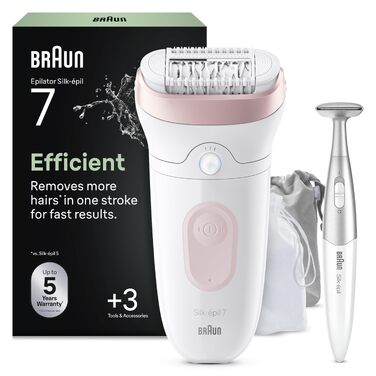 Епілятор Braun Silk-épil 7-011 для жінок, сріблястий: для вологого та сухого використання, водонепроникний, з бритвою, тримером для бікіні та чохлом