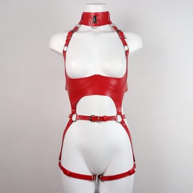 Жіночий шкіряний корсет-нагрудник ALMYMM: сексуальний аксесуар для Cosplay, вечірок та клубів. Нагрудник-збруя, пов'язки на стегна, ланцюги, SM-іграшки, червоний колір