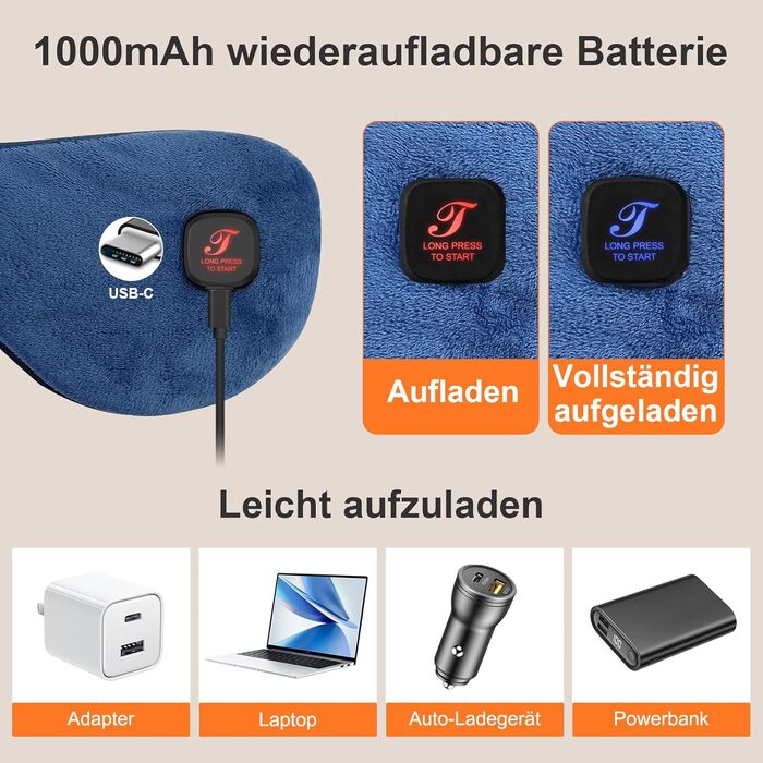 Електрична зігріваюча маска для очей з акумулятором, USB-оцігрівач з 3 режимами температури та знімним чохлом для прання, темно-синя