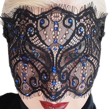 Чорна мереживна маска для жінок з кристалами - елегантна венеціанська маска для карнавалу, вечірки в готичному стилі, косплею та особливих подій - ручна робота (чорний колір з блакитними стразами)