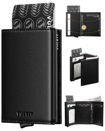 Шкіряний чоловічий картхолдер VULKIT з Pop-up механізмом, RFID-захистом, відділенням для купюр та вікном для ID (натуральна шкіра, чорний)