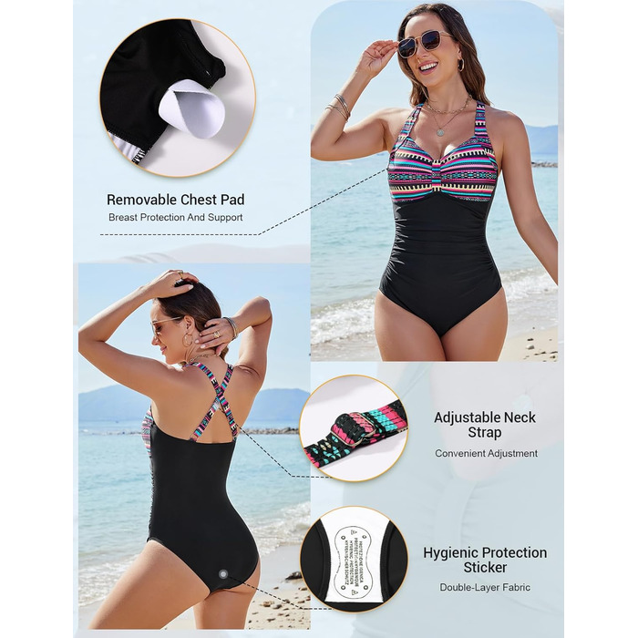 Чоловічий купальник Nadeer Badeanzug: одноцільний, висока талія, Push Up, V-подібний виріз, спортивні смуги, чорний, XL