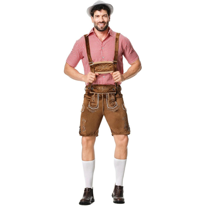 Традиційний костюм для чоловіків RUMAOZIA: повний комплект (ледерхоза, сорочка, латкова штани) для Октоберфесту, тематична вечірка, коричневий, розмір M