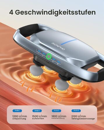 Перкусійний масажер RENPHO Massage Gun для глибокого масажу м'язів, 3200 об/хв, акумулятор 2500mAh, USB-C, 4 змінні насадки, чорний