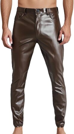 Штани-легінси для чоловіків з еластичної шкірозамінника Wetlook, Slim fit, для мотоциклів, клубів, вечірок, коричневі, розмір 36