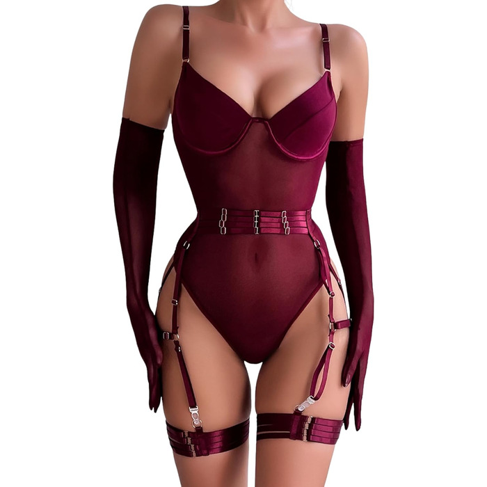 EVELIFE Комплект сексуальної білизни для жінок: мереживний боді, стринги та мереживні рукавички (бордовий, 36)