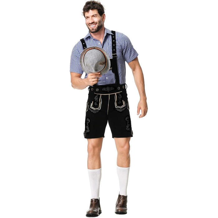 Традиційний костюм для чоловіків RUAOZIA: повний комплект Lederhose, сорочка в керамічну клітинку, для Октоберфесту та тематичних вечірок (чорний, L)