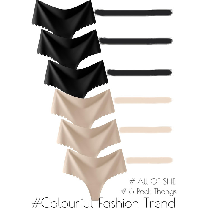 Тонгі жіночі A of SHE з високою талією, 6 шт. в упаковці, безшовні, з хвилястим краєм, сексуальні труси (M)