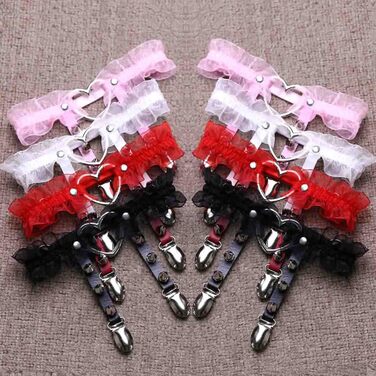 Жіночі шкіряні гетри на стегна, регульовані, з затискачами у формі серця, в стилі панк/готичний, 2 шт. (чорний, білий мереживо)