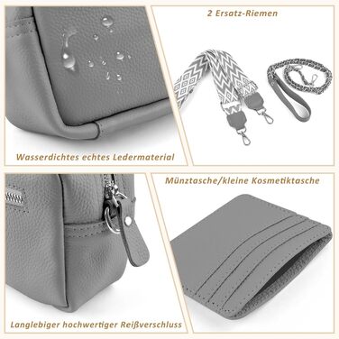 Жіноча сумка крос-боді BROTOU з натуральної шкіри, маленька сумка через плече з 3 відділеннями та 2 широкими ременями, сіра