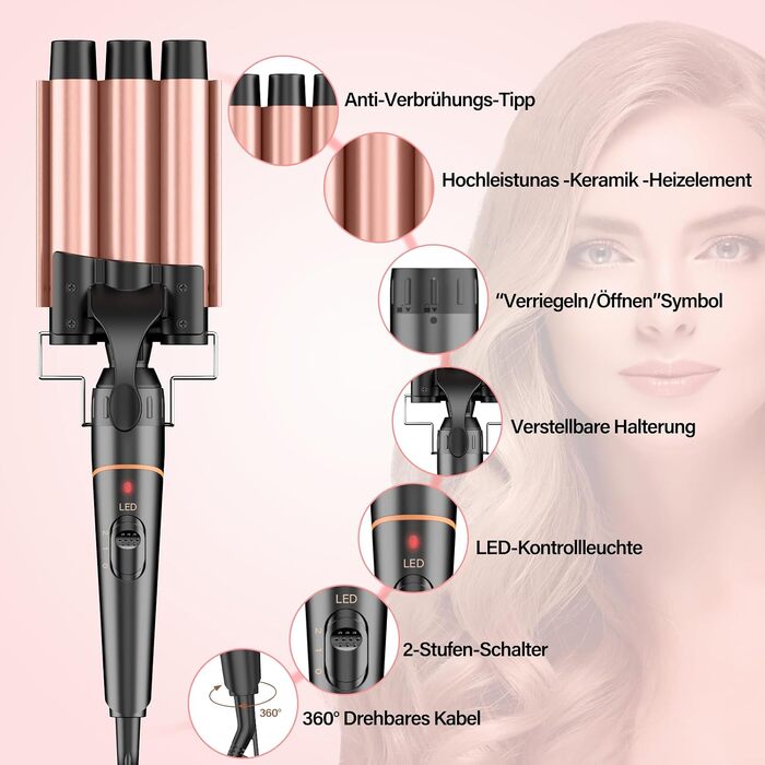 Набір для завивки волосся 5 в 1 BESTOPE PRO: керамічний стайлер-плойка з 3 змінними насадками, регулюванням температури та аксесуарами, Rose Gold