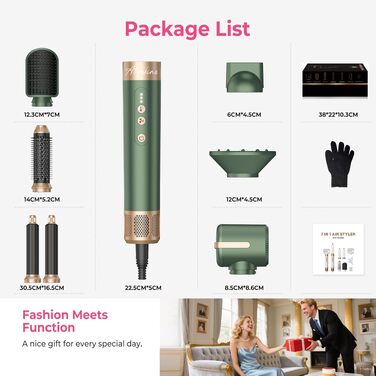 Мультифункціональний стайлер для волосся 7 в 1 Atopskins Airstyler Pro: фен з дифузором, круглі щітки, випрямляч та плойка для локонів Beach Waves, зелено-золотий