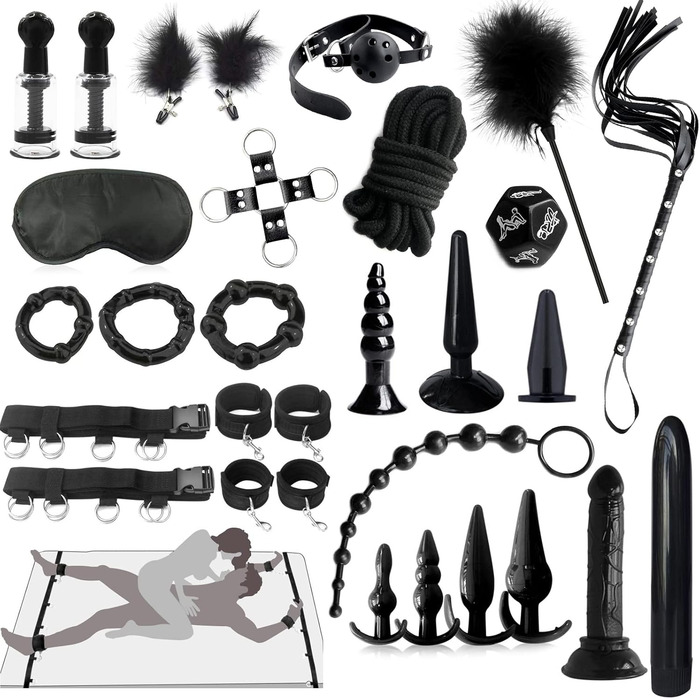 Набір для БДСМ: 26 предметів - наручники, аналплаг, кільце для пеніса, чік, прищіпки для сосків, маска для очей, плеть, заглушка. Ідеальний набір для сексуальних ігор та зв'язування.